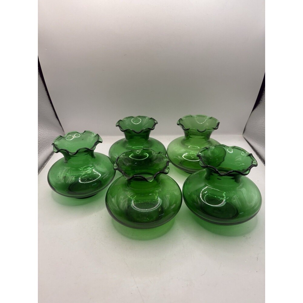 Vintage Anchor Hocking Small Vase Emerald Green Glass Ruffled Rim 3.5" Set Of 5